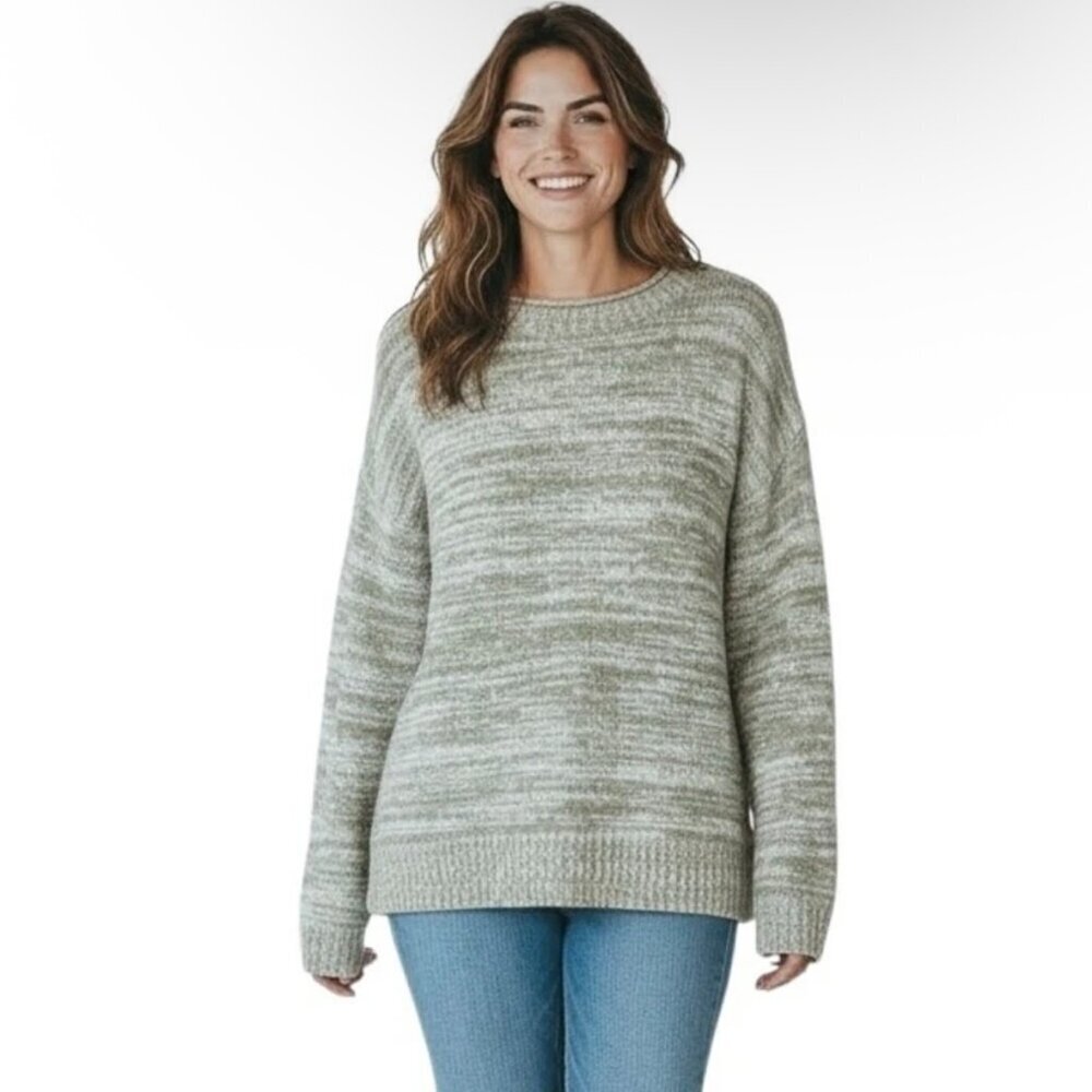 dip Women's Sweater M Green Marled Knit Rolled Crew Neck Long Sleeve Pullover